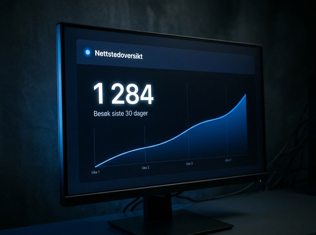 Dataskjerm med besøksstatistikk: tallet 1 284, teksten Besøk siste 30 dager og en stigende blå graf