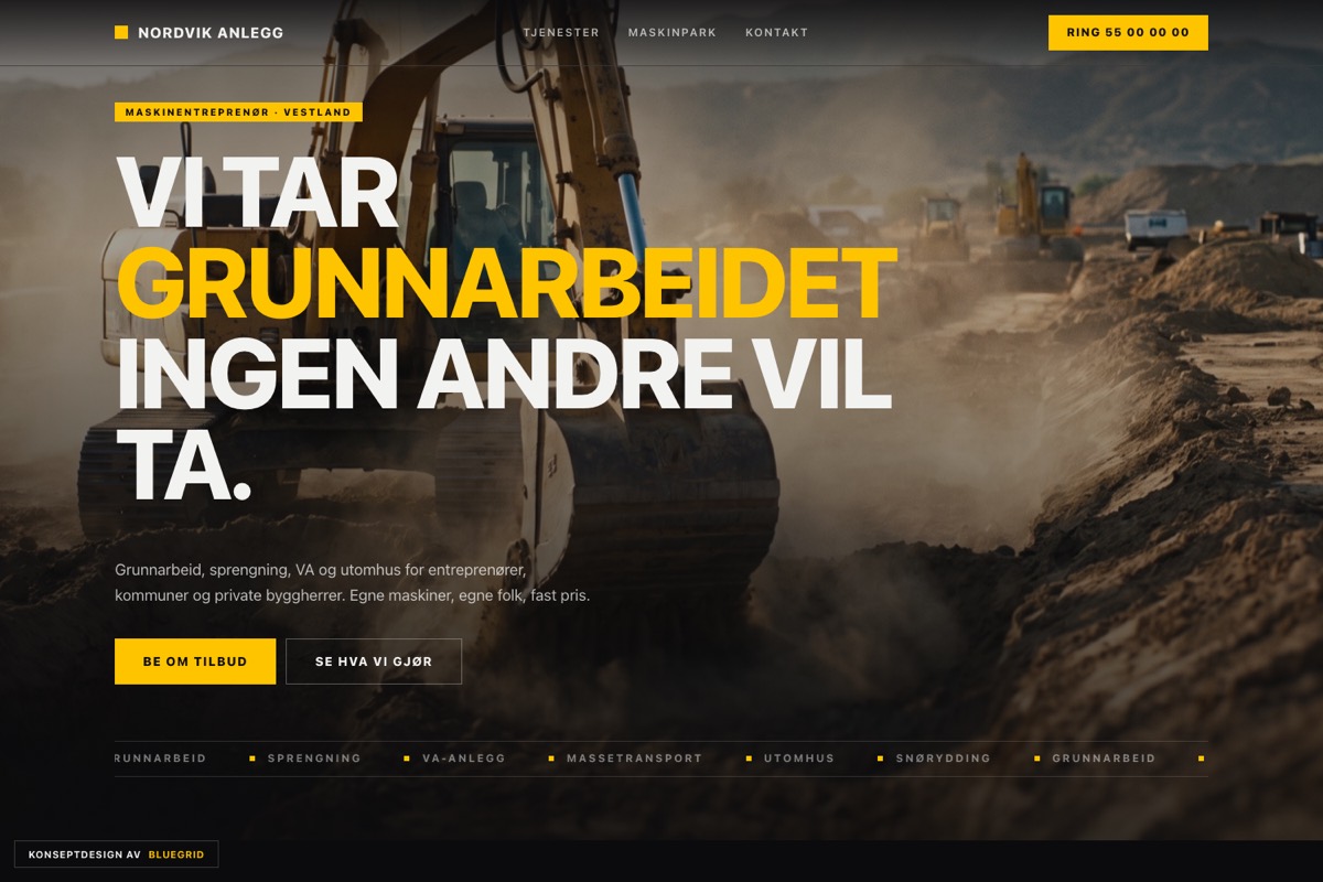 Forsiden til konseptet Nordvik Anlegg, industriell med gravemaskin, svart flate og varselgult