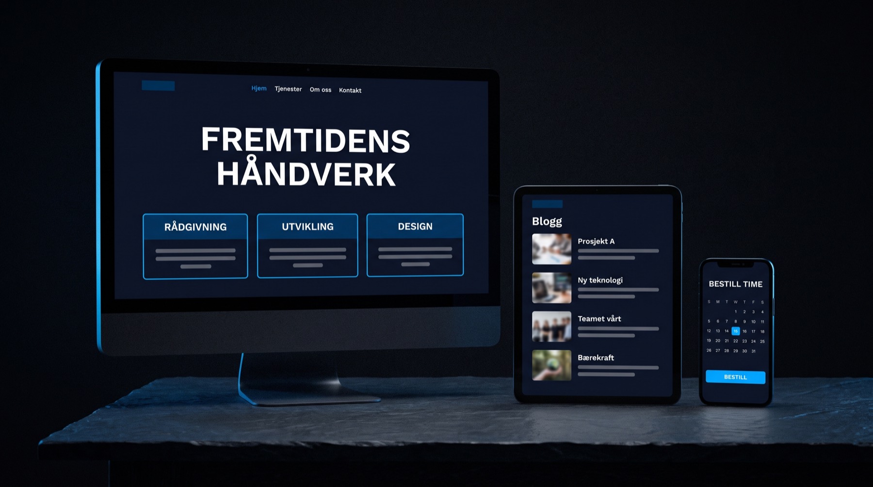 Skjerm, nettbrett og mobil som viser den samme nettsiden: forside med tre tjenestekort, bloggoversikt på nettbrettet og bookingkalender på mobilen